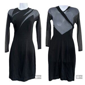 Vtg J Harris Bodycon Dress XS Black Sheer Mesh Back Cutouts Y2K Goth Glam Party